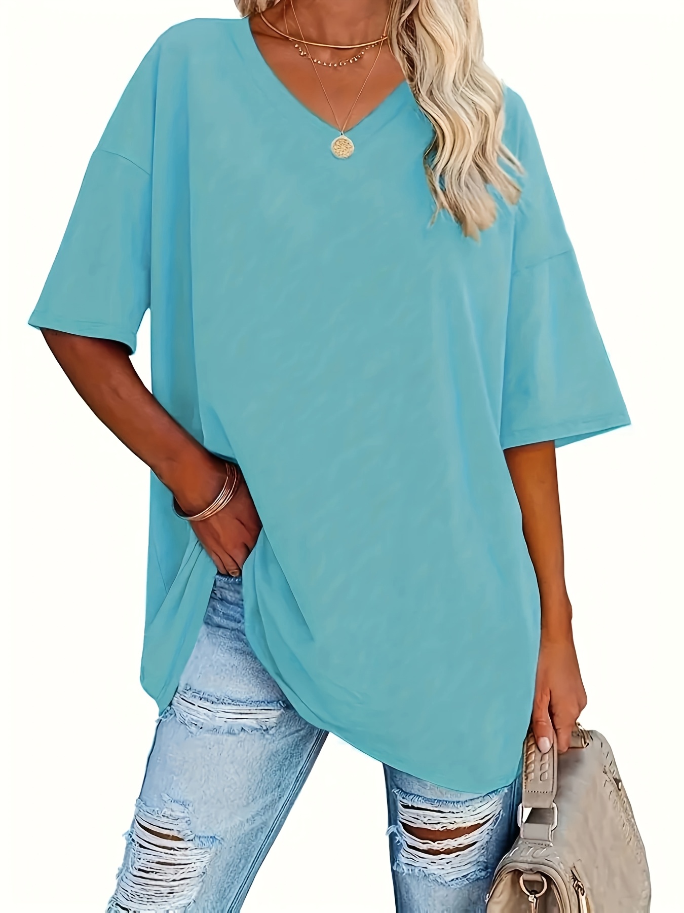 Ensemble de 3 T-Shirts Décontractés pour Femmes à Col en V, Tissu en Maille 95% Polyester 5% Élasthanne, Couleur Unie, Élasticité Moyenne, Coupe Ample à Manches Courtes pour le Printemps/Automne