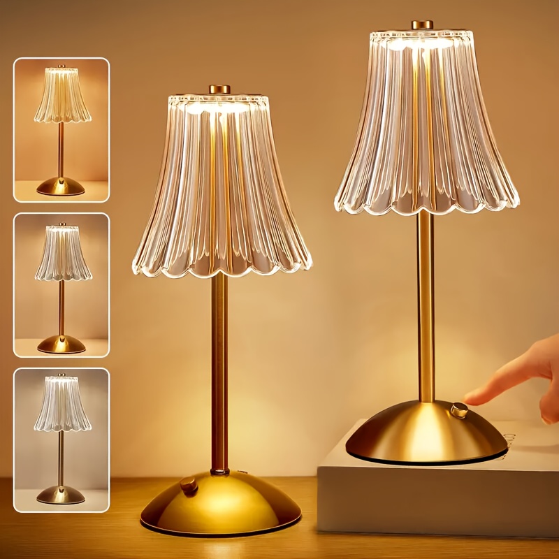 TEMU Crystal Cordless Table Lamps - 1/2pcs Rechargeable Golden Vintage Led Desk Lamp With Usb Port, 3 Colors, 1800mah, Led Small Portable Touch Lamp