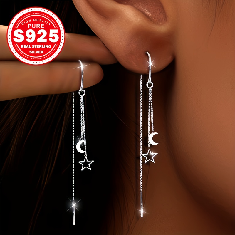 elegant s925   and moon tassel earrings hypoallergenic long dangle ear lines for women design for daily wear and gifting gift earrings minimalist jewelry hypoallergenic  