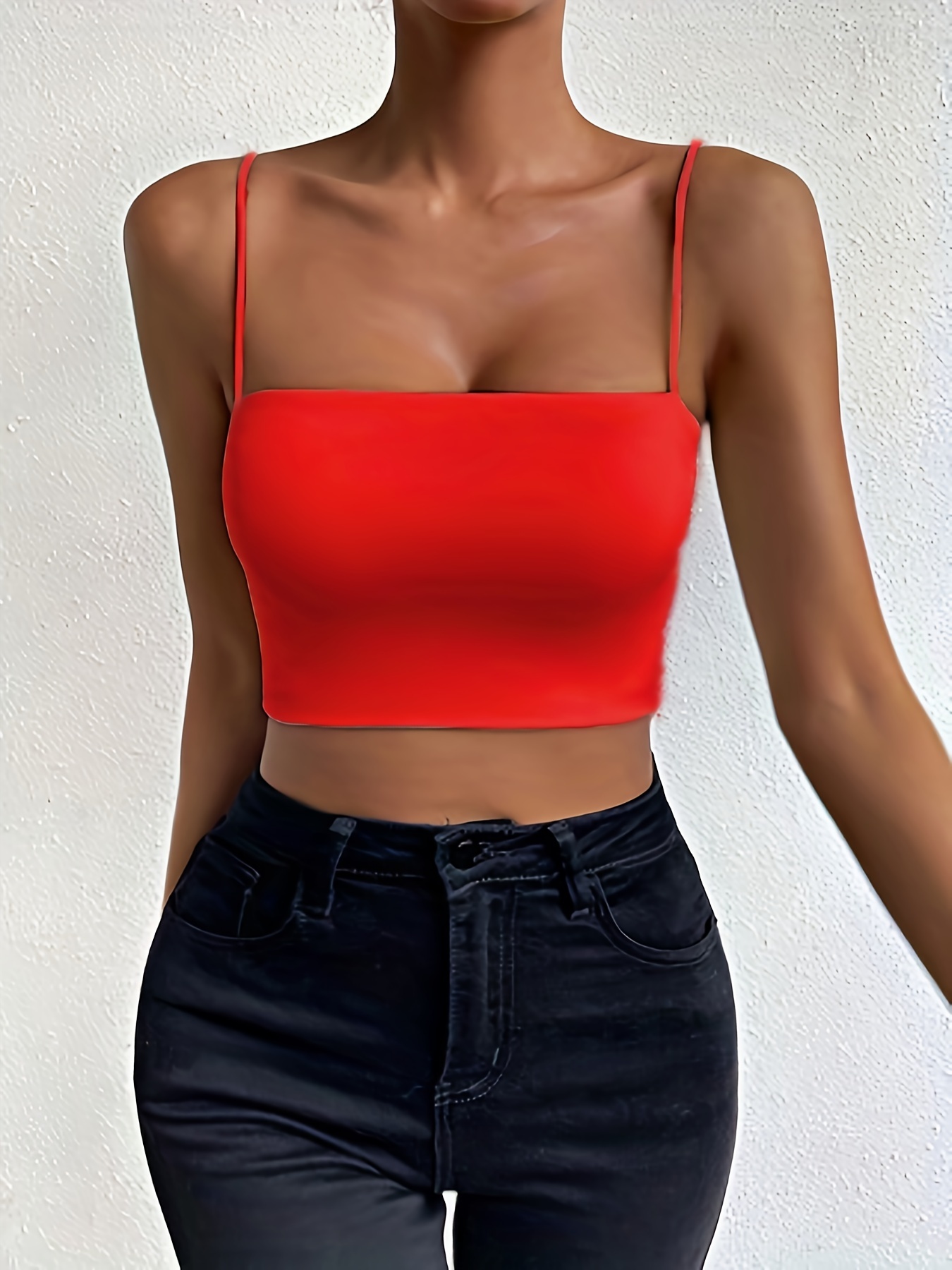 Solid Color Crop Cami Top, Versatile Spaghetti Strap Top For Summer, Women's Clothing