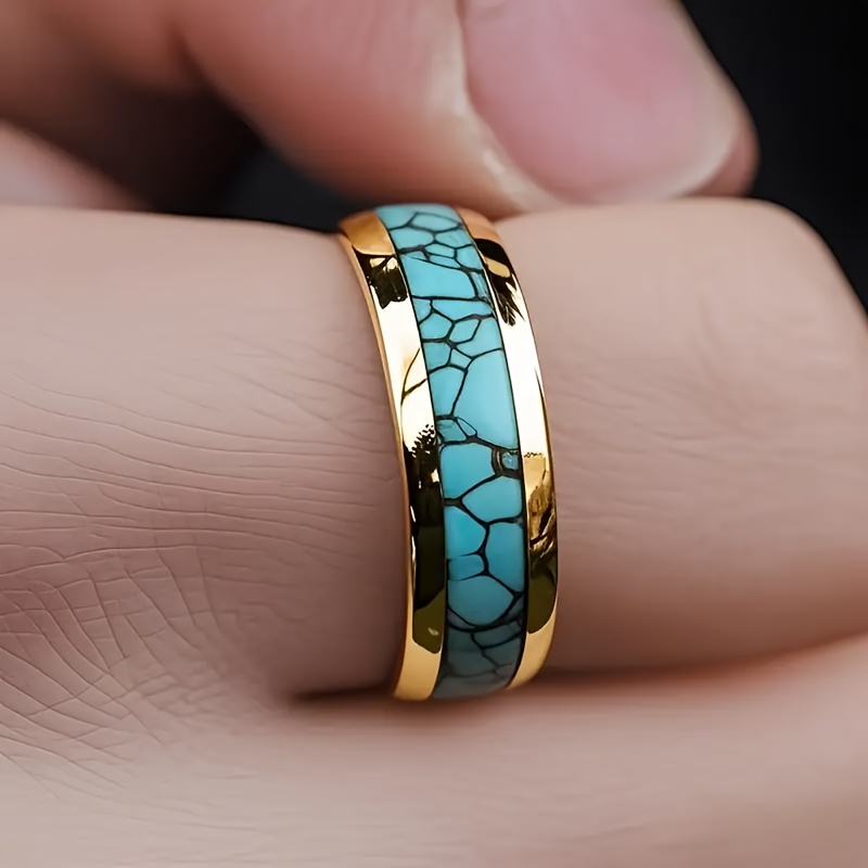 TEMU Anillos de Boda de Titanio para Hombres y Mujeres con Baño de Oro e Incrustaciones de Simulada, Hechos de Acero Inoxidable 316L, Banda Única,