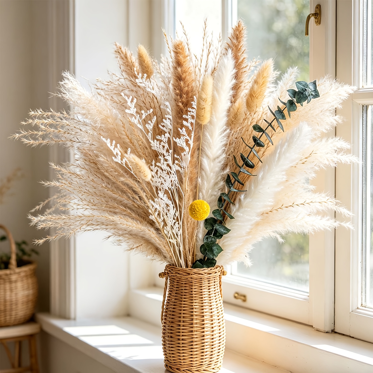 Image of 80pcs & Eucalytpus Bunny Tails Dried Flower Bouquet - Botanical Artificial Flowers Suitable For - Centerpieces, Tabletop Arrangements, Wedding,, For Decoration