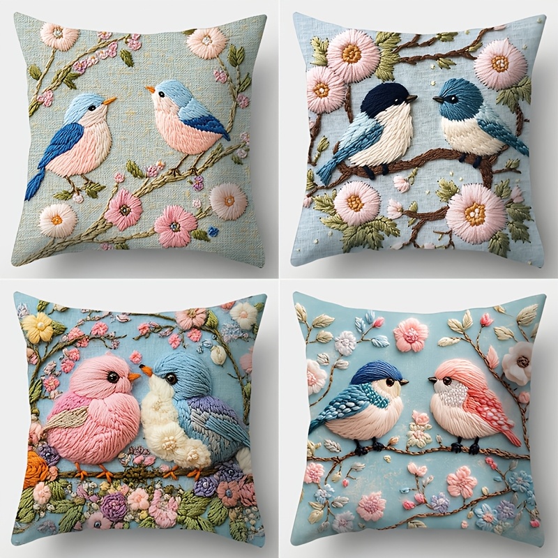 

4pcs Set Floral & Bird Pillowcases - Soft, Comfortable Polyester Covers With Zipper Closure For Living Room Sofa Decor, 17.7" Square (inserts Not Included) Sofa Covers For Living Room