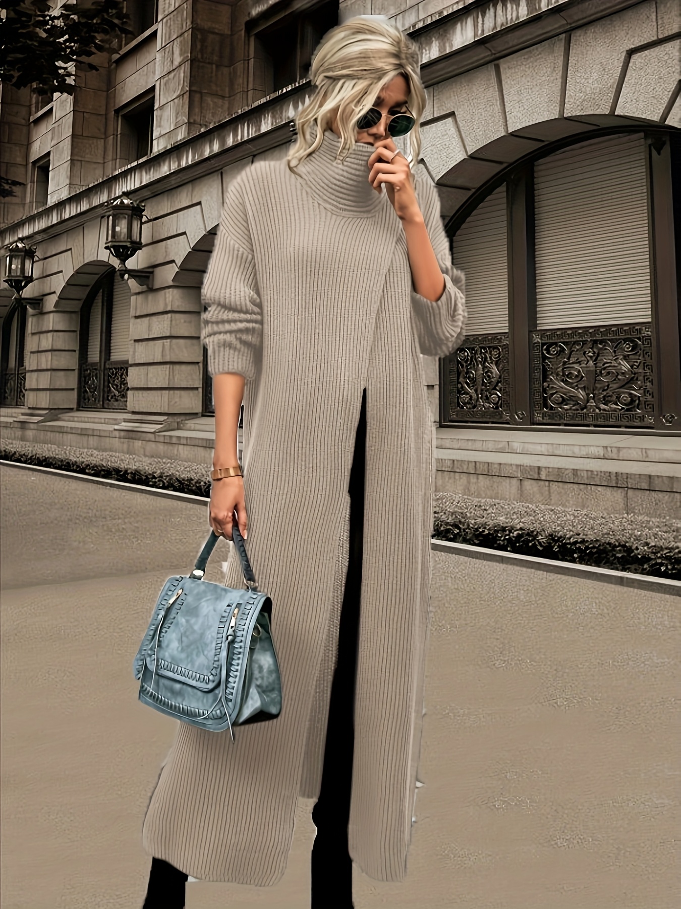 Turtleneck Gray Tunic Sweater Womens Elegant Asymmetrical Hem