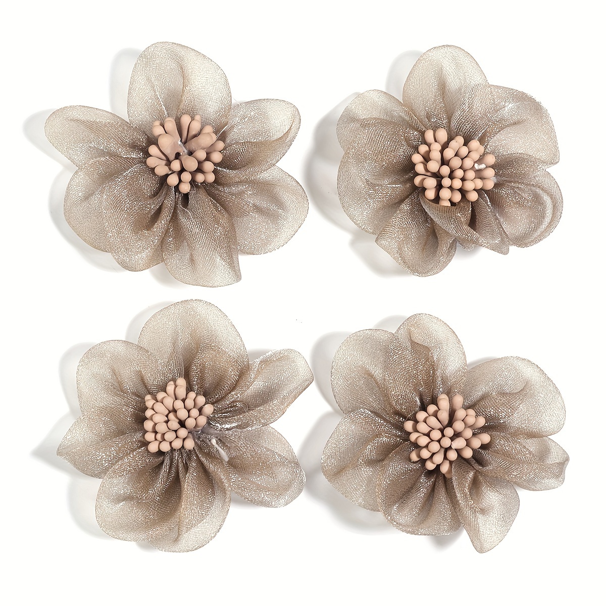 TEMU 2d Flat - 4pcs Organza Flowers With Clothing Jewellery Flat Back Additions, Sewing Women's Additions Headdress Hairpin Brooch Additions, Wedding