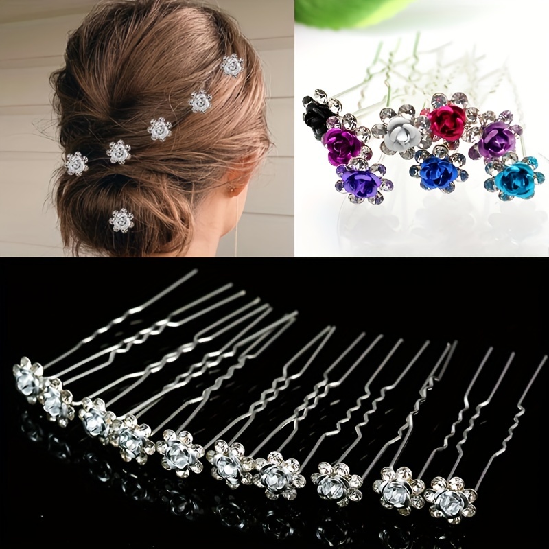 

20pcs/set Romantic Rose Shaped U-shaped Hair Clips Decorated With Rhinestone Hairpins Women Daily Uses Hair Accessories