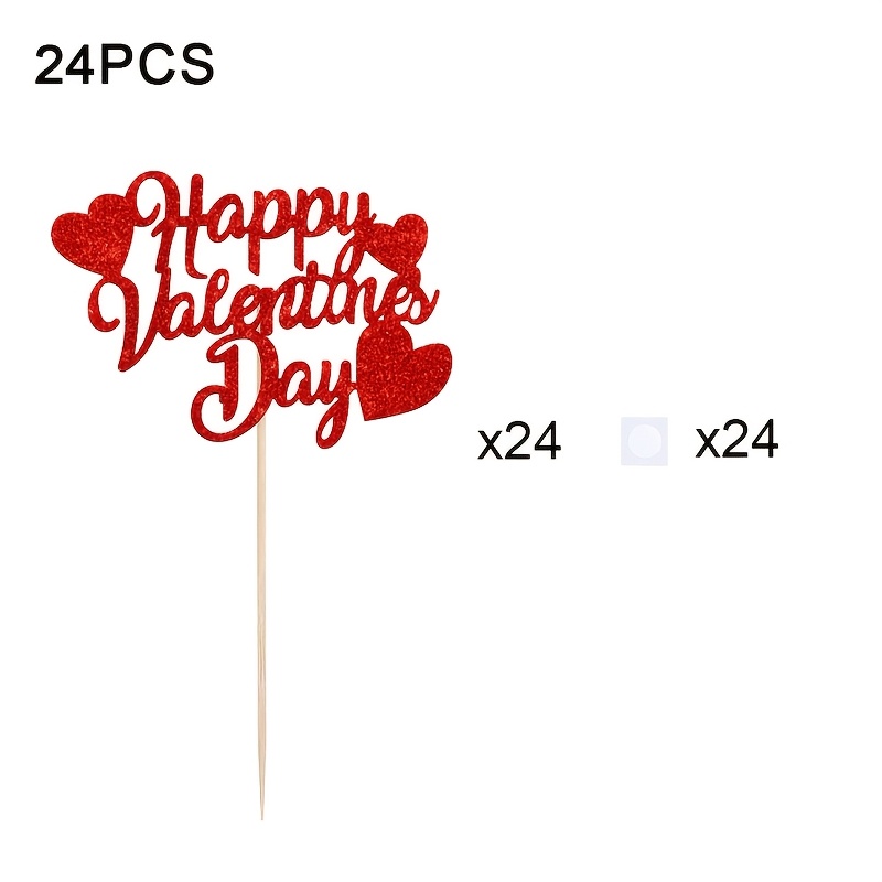 Image of 24pcs Valentines Day Cupcake Toppers Decorations, Red Glitter Happy Valentines Day Cupcake Toppers For Valentine's Day Decoration Wedding Engagement Party Decoration, Valentines Day Party Decorations