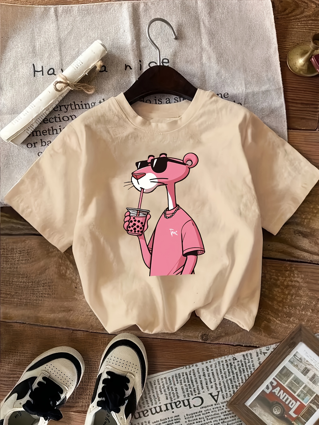 Women'S Casual Crew Neck T-Shirt with Cute Cartoon Print, Short Sleeve, Regular Length, Slight Stretch Fabric, Pink Tigger Design, Soft Polyester Material, Perfect for Casual Attir