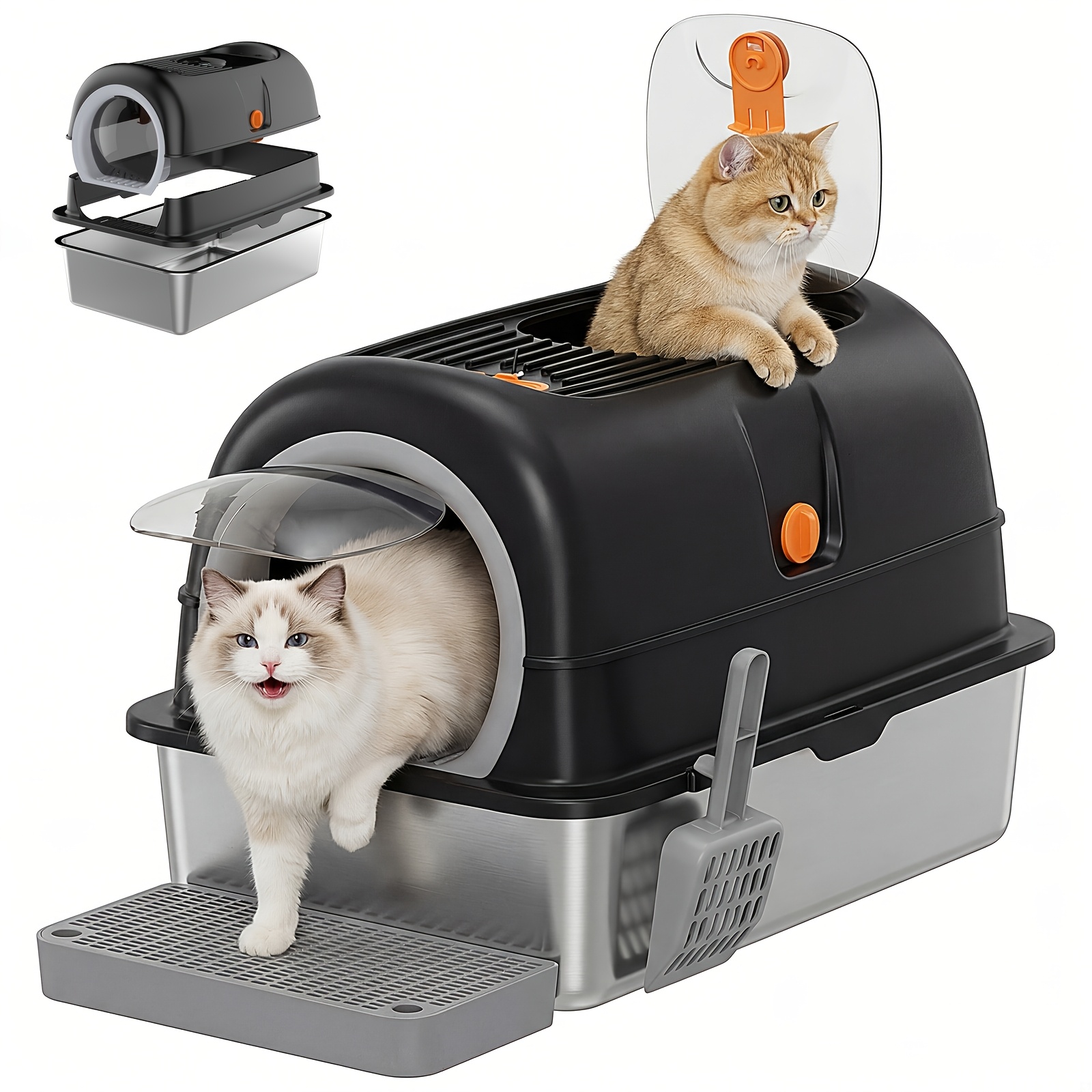 TEMU Stainless Steel Cat Litter Box, Suitable For Large Feline Animals Weighing 25 , With A Capacity Of Up To 30 . Adjusted In 3 : Closed, Semi
