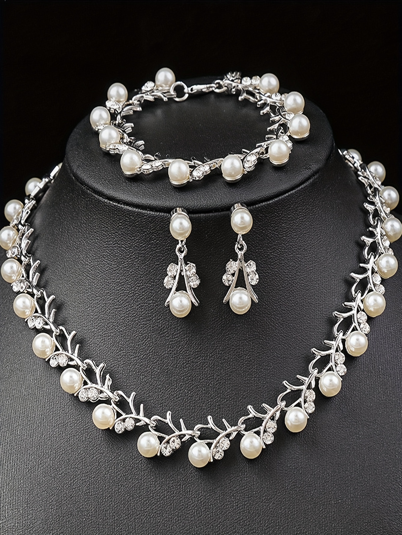 elegant 4pcs jewelry set for women   pearl accents silvery plated necklace bracelet earrings   weddings parties festivals details 1