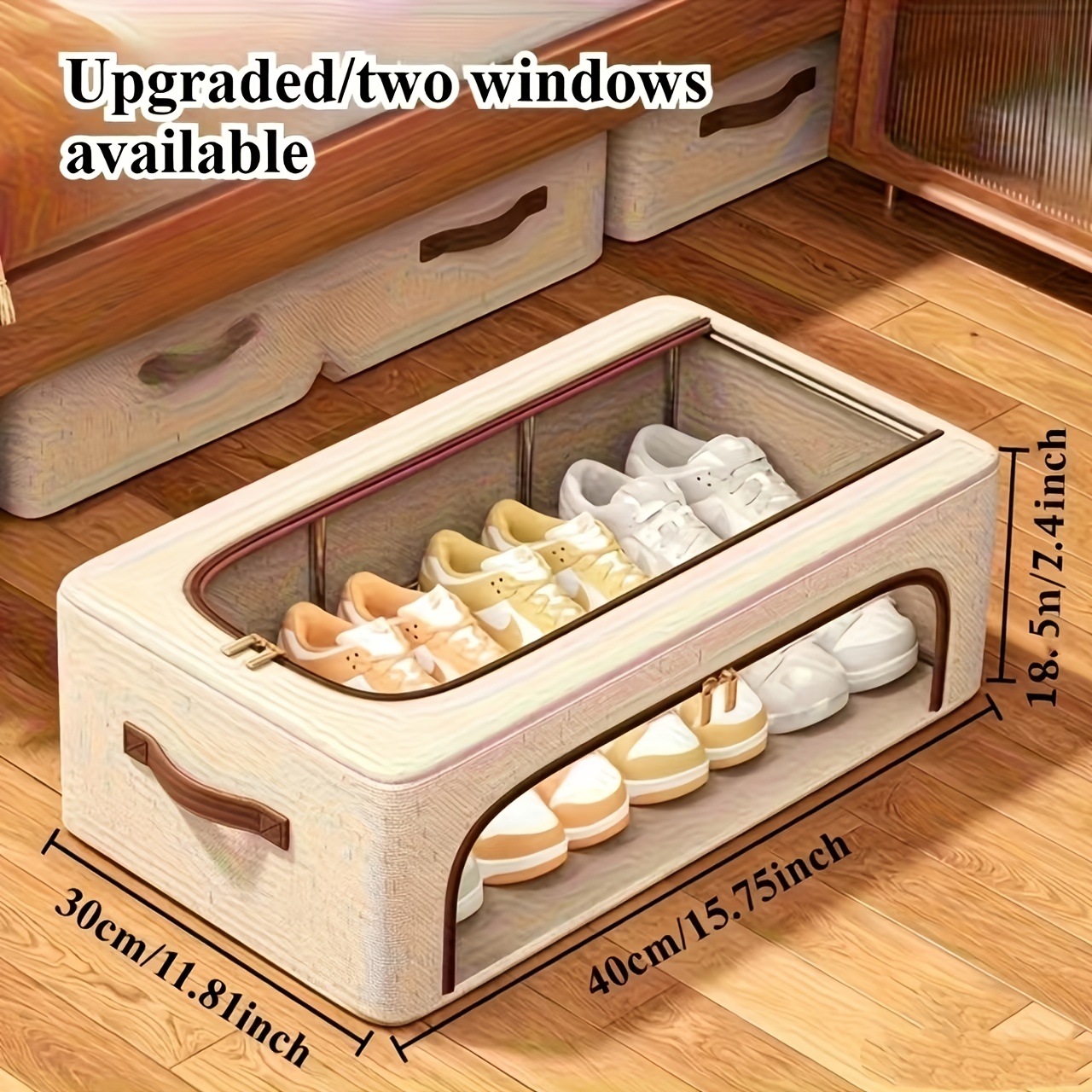 TEMU Foldable Double-window Shoe Cabinet, Stackable Under-bed Storage, Beige Linen Vintage Style, Dustproof And Waterproof Storage Box, Suitable For