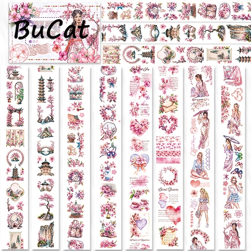 Image of Set Of 4 Sakura-themed Pet Tape, Pre-cut For Floral Decorations, Ideal For Stickers, Scrapbooking, And Diary Embellishments