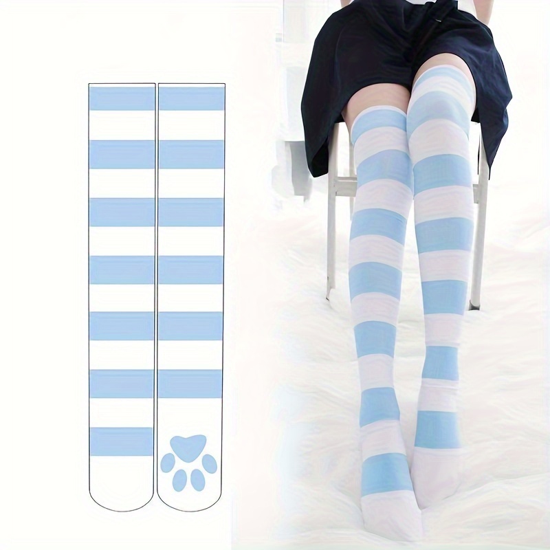 Image of 1/3-pair Cat Scratch Over-the-knee Socks, Cute And Sweet Lolita Style Striped Cat Paw Print Long Stockings, Girly Pink Series Paw Print Floor Socks