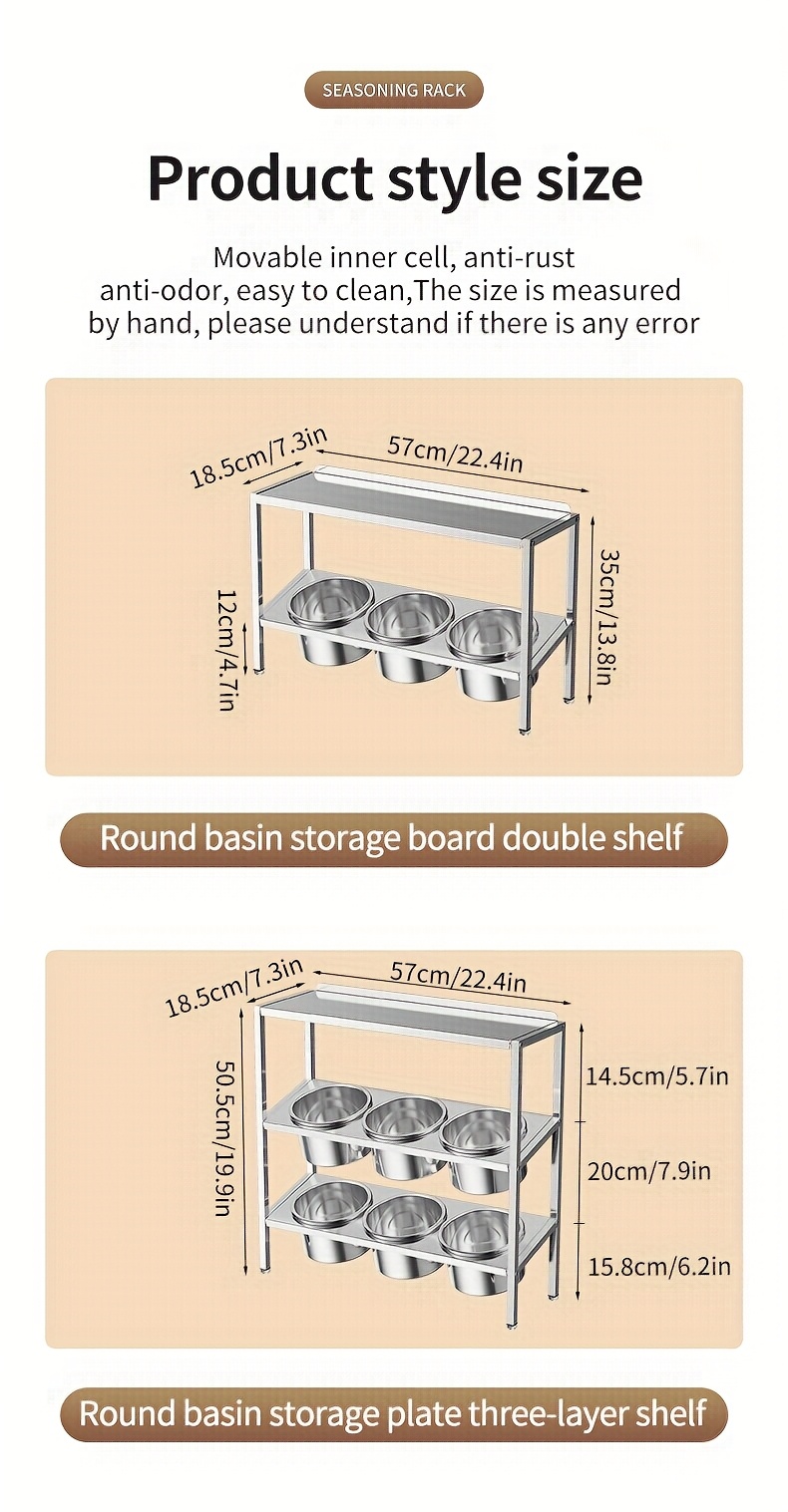 1pc stainless steel 3 tier spice rack organizer with 16 round cylindrical jars wall mountable countertop bracket shelf dust moisture proof square pipebracket unfinished finish commercial grade details 3