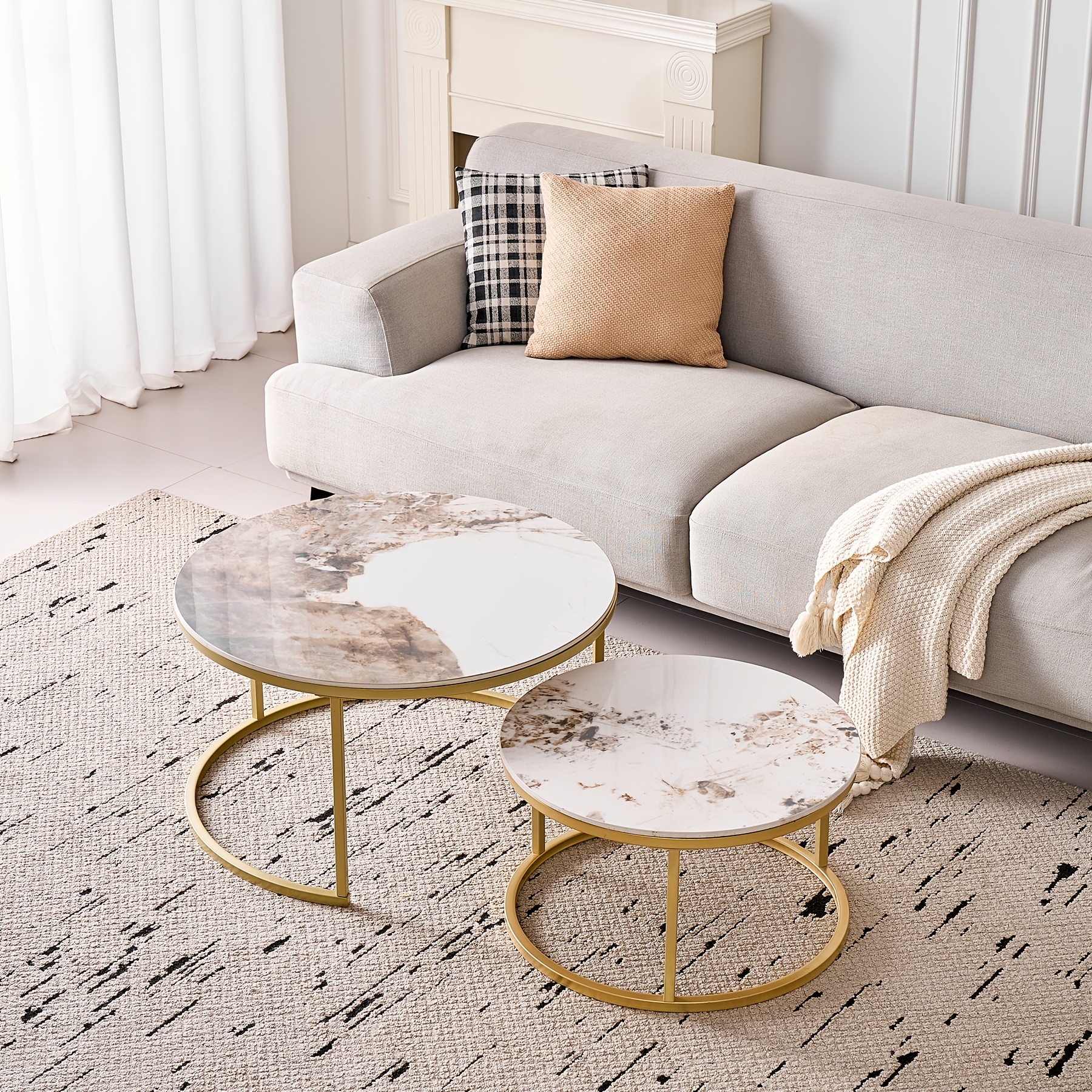 Image of Egoonm Set Of 2 Nesting Coffee Table With Porcelain Slab Tabletop (not Mdf), Industrial End Table Side Tables For Living Room, Bedroom, Balcony, Office, 80*80*45cm+60*60*35cm