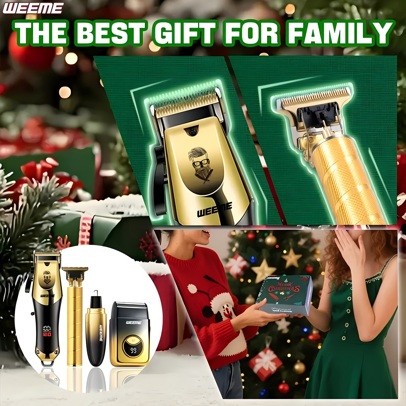 WEEME Heren Blauw/Gouden 4-delige Tondeuse en Trimmer Set - Professionele Draadloze Tondeuse, Draagbare Baard- en Lichaamstrimmer, Edge Trimmer en Scheermes Combo, Kerstcadeau Categorie