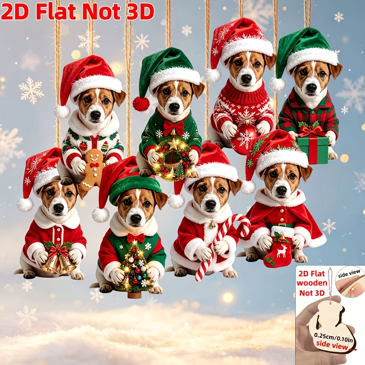 TEMU 2d Flat, 8pcs Set Of Christmas Terrier Wooden Ornaments, Featuring Puppies Wearing Different Christmas Outfits Holding Various Christmas