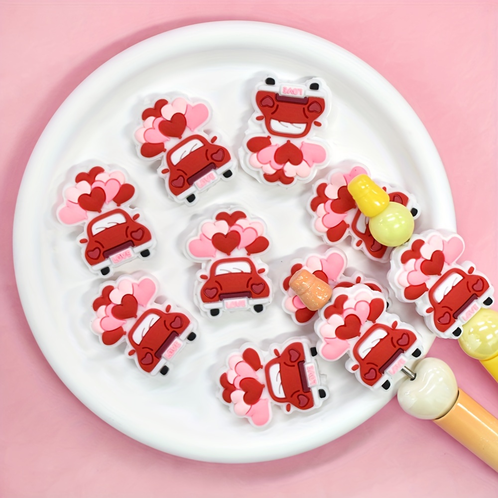 

10 Pcs Red Love Car Pvc/plastic Beads For Keychains And Diy Decorations