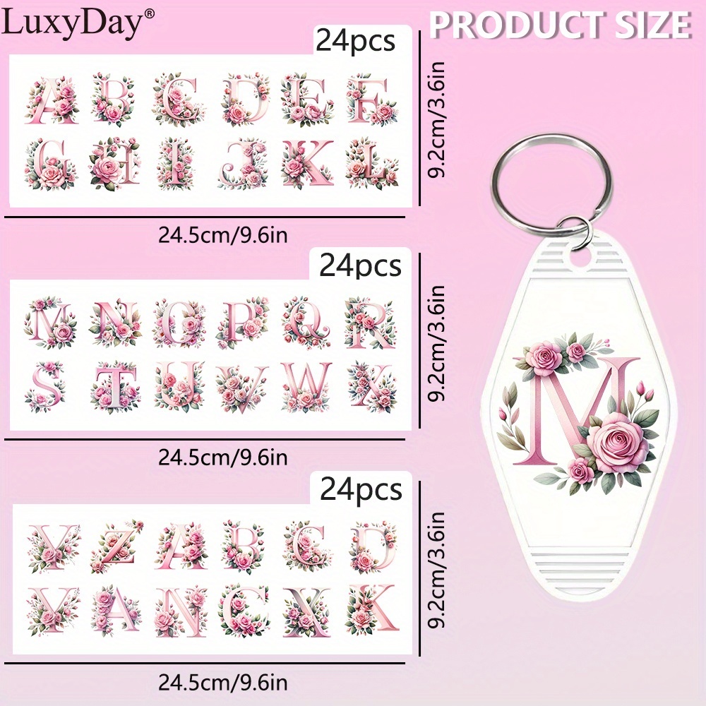 TEMU 72pcs Pink Floral Alphabet Keychain Transfer Stickers - Uv Dtf Transfer, Waterproof, Durable Decals For Diy Crafts, Glass & Smooth Surfaces,