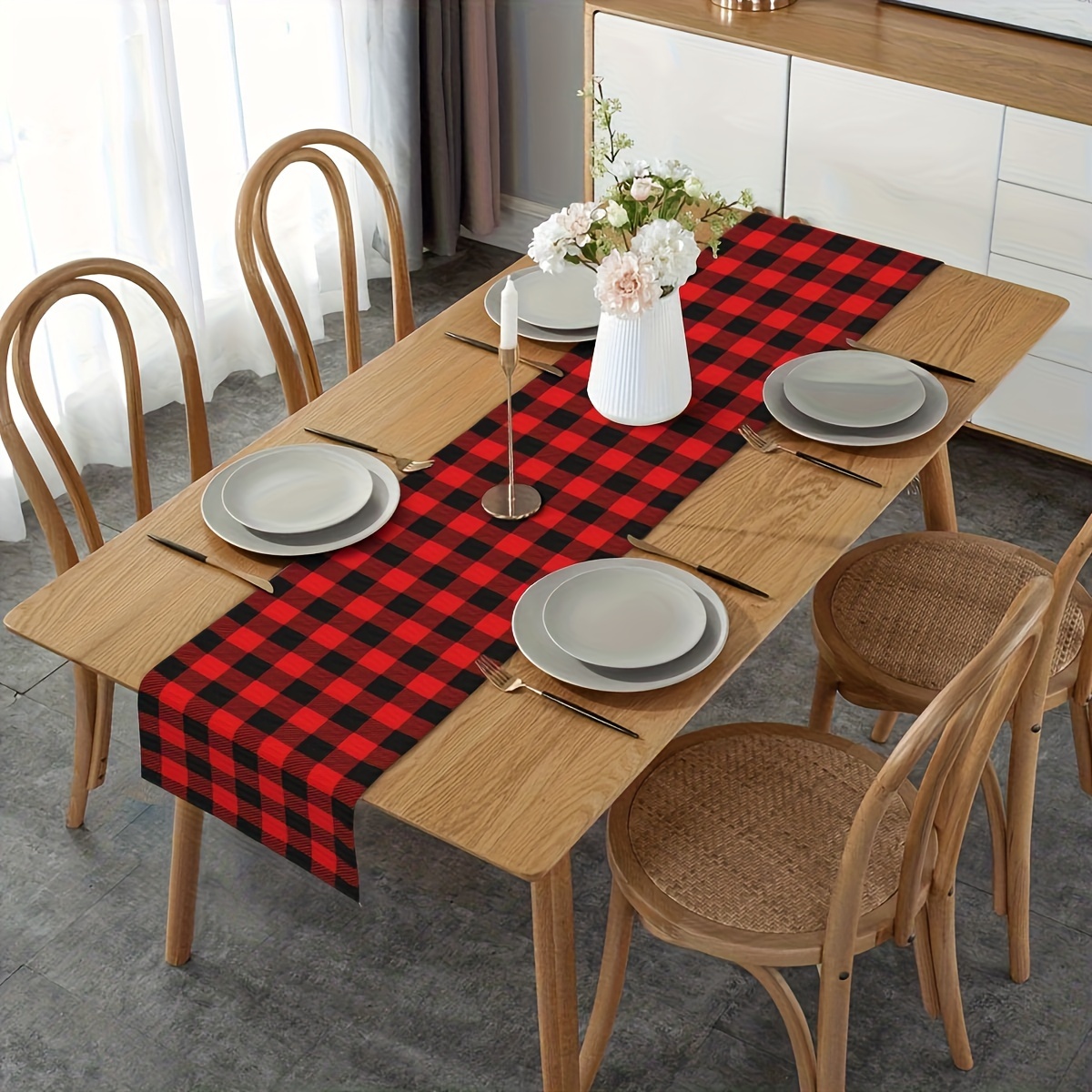 

Buffalo Plaid Table Runner - Woven Polyester Rectangular Table Cover, Red And Black Check Pattern, Perfect For Holiday Kitchen Dining Decor, Indoor & Outdoor Home Party - 1 Piece