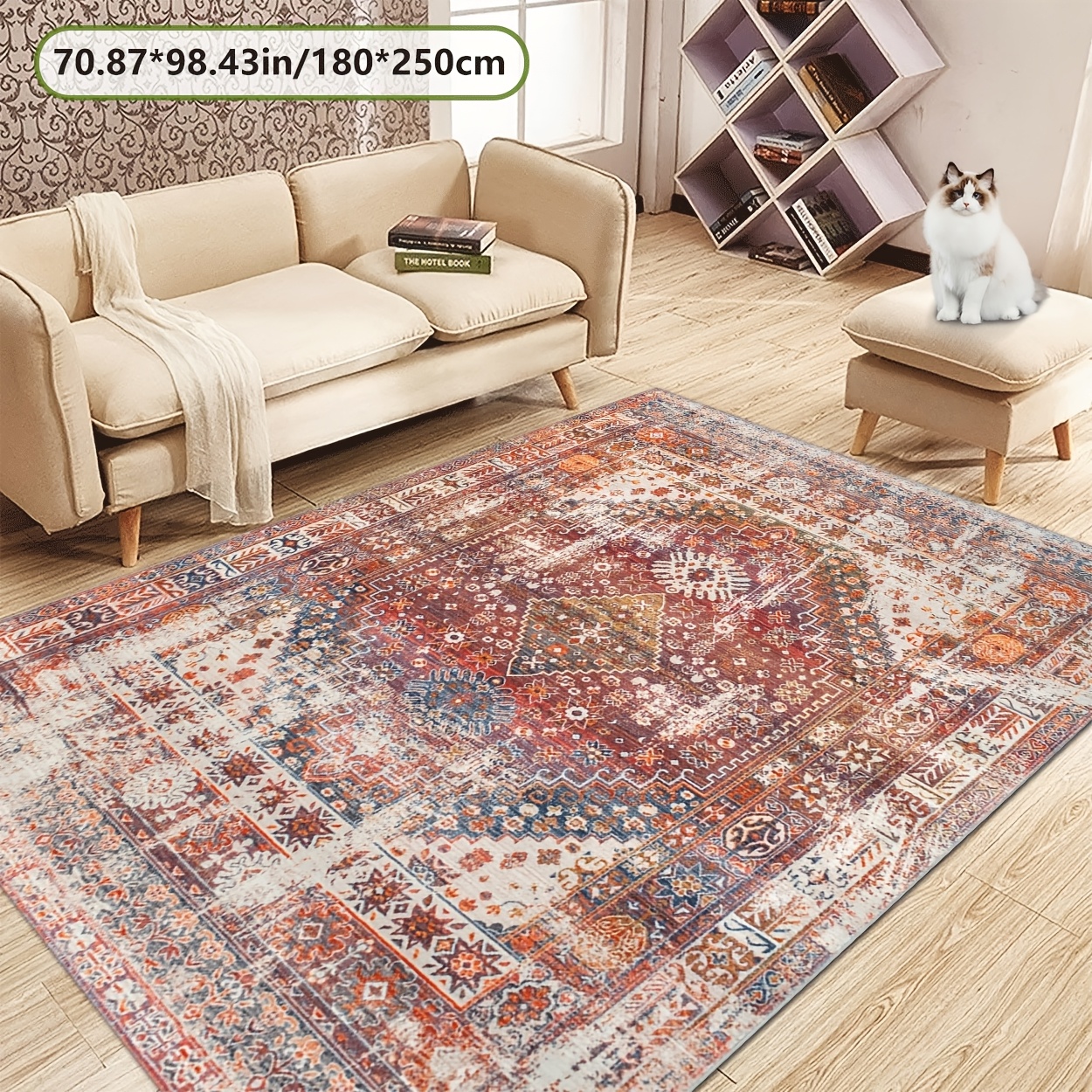 TEMU [golden Diamond Velvet And Anti-slip Dot Plastic Base And 800g Per ] Bohemian Warm- Floral Pattern Geometric Outline Carpet, Comfortable And