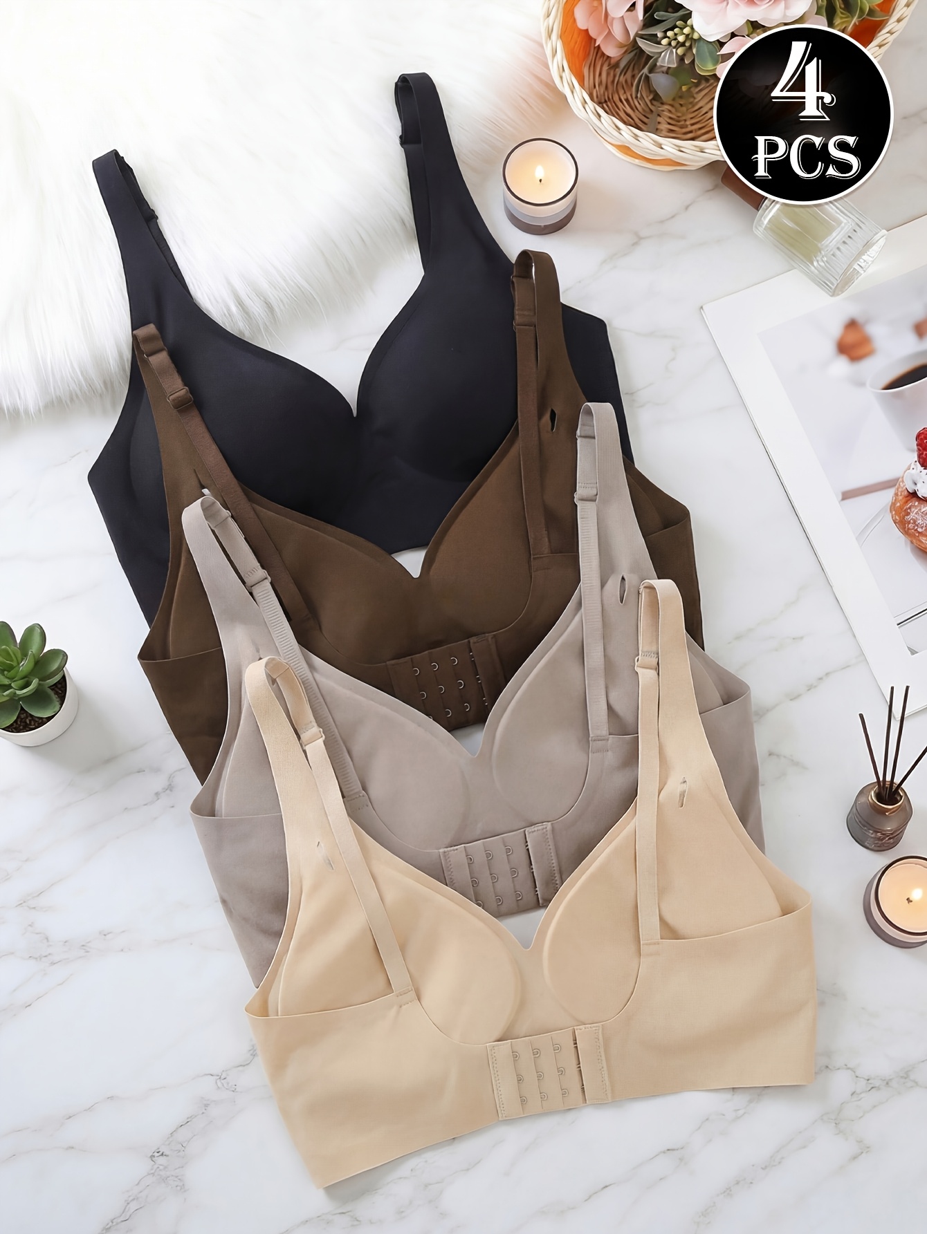 4pcs Women's V-Neck Jelly Soft Support Bra Set