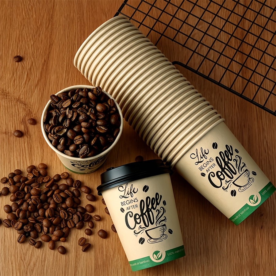 Image of 20/50pcs 8oz Thickened Bamboo Disposable Paper Cups With Lids, Suitable For Hot Drinks, Coffee, Latte, Milk Tea - Perfect For Home And Commercial Use