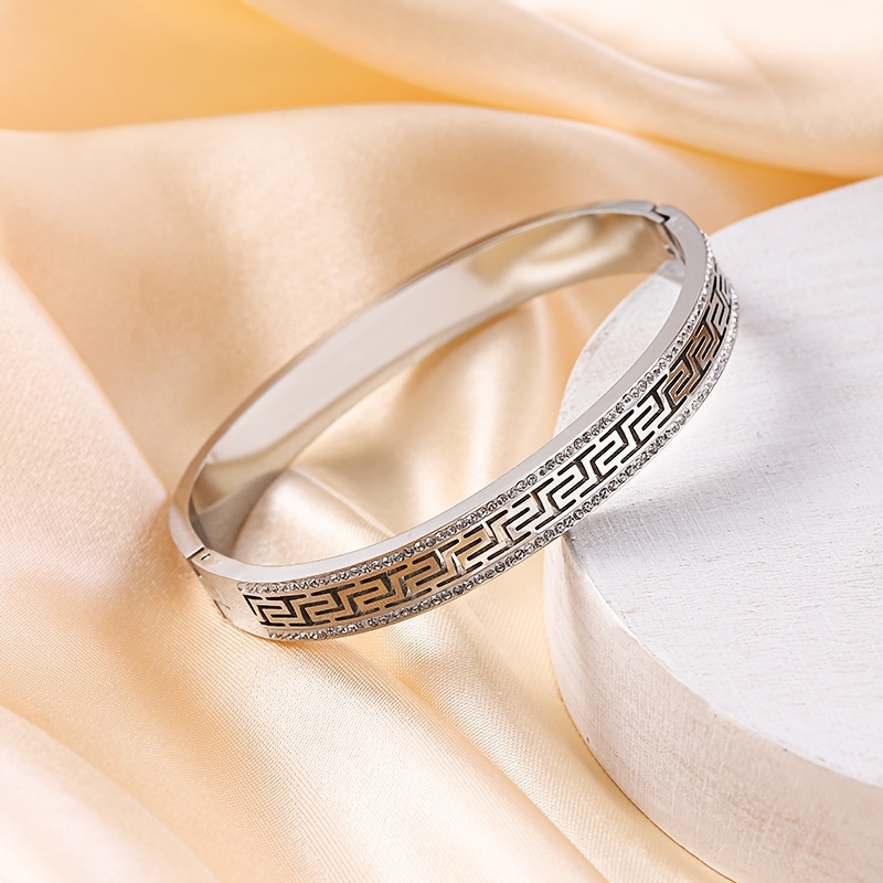 1pc *'s Fashion Bracelet, Titanium Steel Hollow Textured Bracelet  Diamond-encrusted Bangle