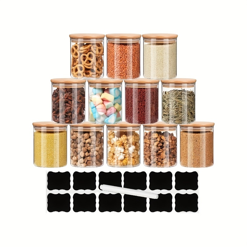 TEMU Set Of 12 230ml Glass Storage Jars With Bamboo Lids, Airtight Containers With Labels For Kitchen, Spices, And Pantry Organization