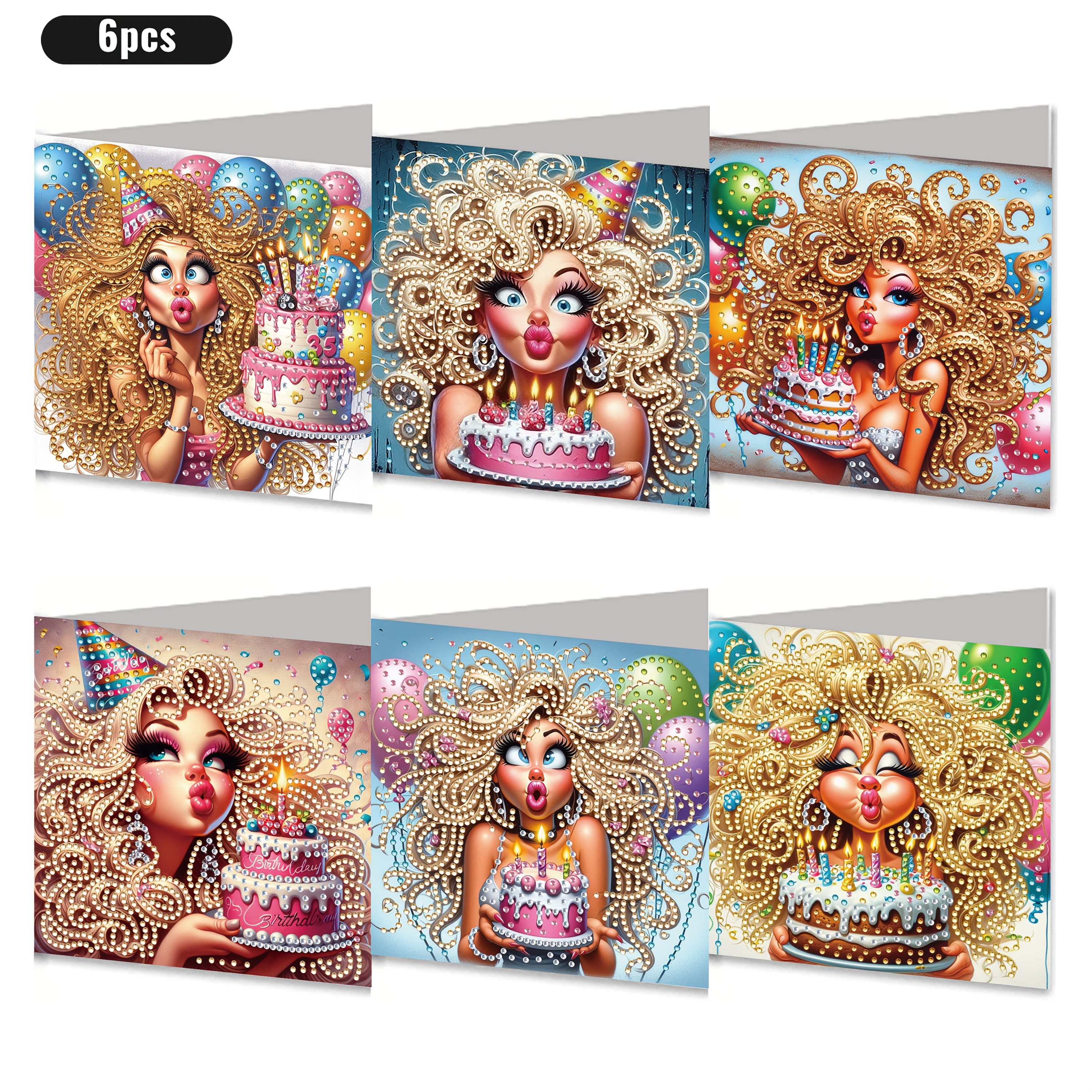 TEMU A Set Of 6 Creative Birthday-themed Diamond Painting Greeting Cards, Unique Rhinestone Painting Birthday Card Crafts, Includes 6 Envelopes, Made
