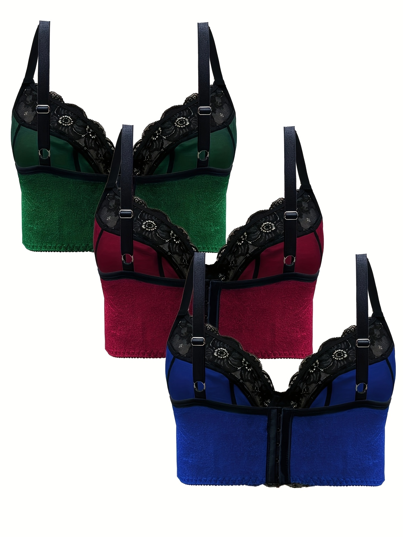 3pcs Women'S Plus Size Sexy Lace Bralette Set - Wireless, No-Pad, Medium Stretch, Color Block Design with Contrast Lace Details