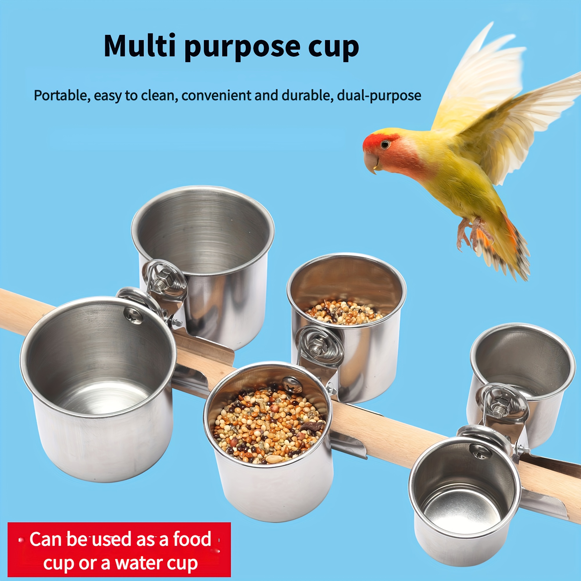 

1 Pair Stainless Feeding Cups With Clips - Easy Clean, , Multipurpose Feeder And Water Cup For Parrots And , Pet Supplies