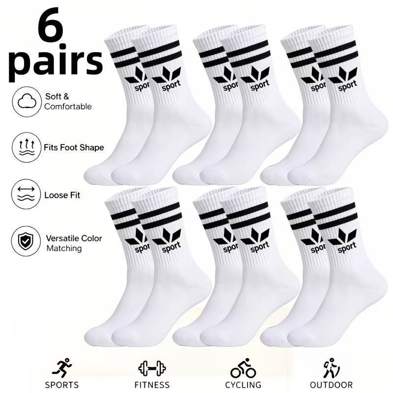 TEMU 6-pair Men's Black & - Athletic Socks With Three- & Striped Mid-calf - Suitable For Outdoor, Gym, Casual Wear, Spring/autumn Daily Use - For,