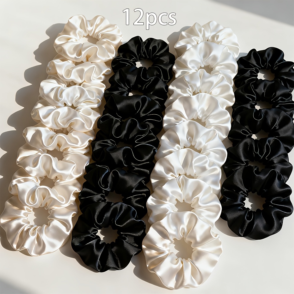 Image of 12 Pack Satin Scrunchies For Women, 3 Colors - , White & Oatmeal White, Hair Ties Bulk, Elastic Hair Additions For Women &