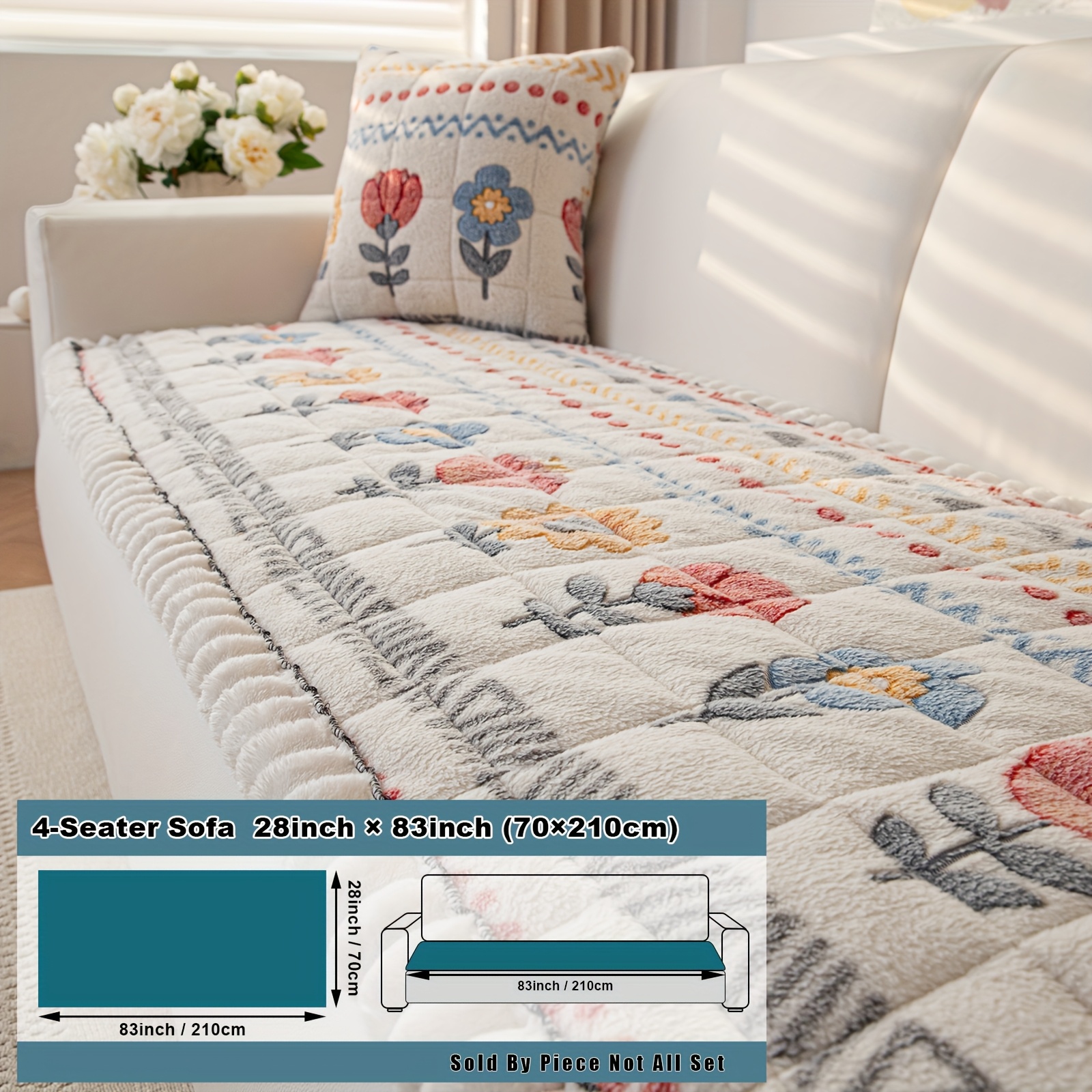 TEMU 1pc Fashionable Plush Sofa Cushion, Flower And Rabbit Pattern, Pet-friendly, Edging, Compatible With Armchair And Backrest Combination Sofa,