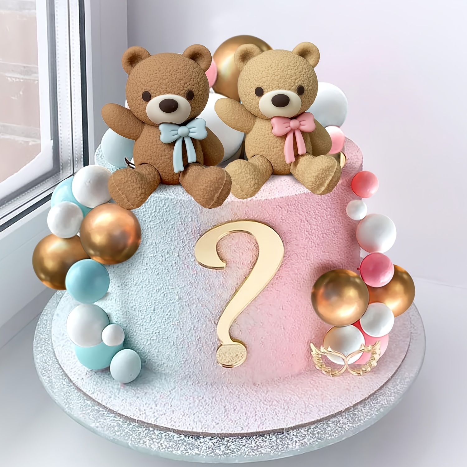 Décoration Gâteau Gender Reveal Boy Or Girl - Topper Bébé Avec Ours En Peluche Rose Bleu