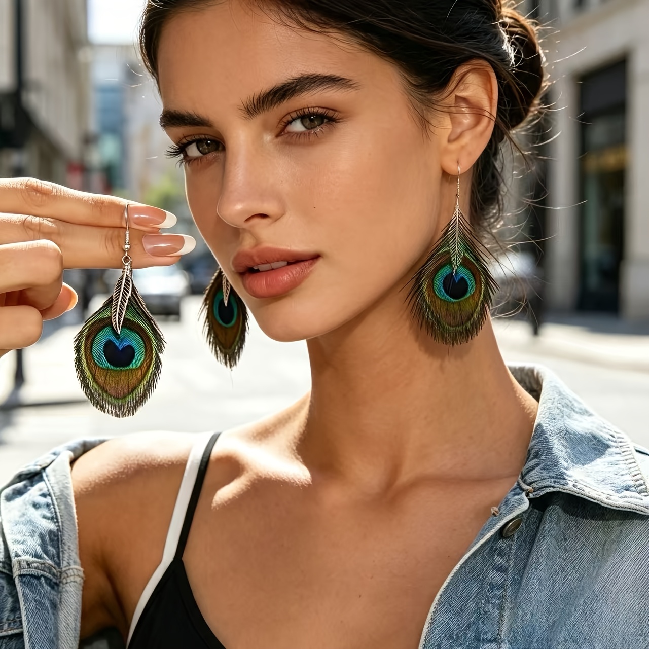 Bohemian Vintage Peacock Feather Earrings with Distressed Leaf Pendants