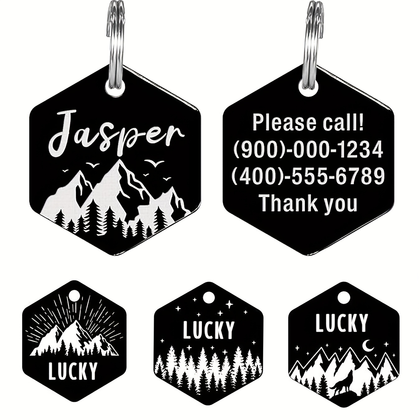 

Personalized Stainless Steel Pet Id Tag - Double-sided Engraved Name & Mountain Theme, Hexagon Shape For Dogs And Cats, Small Custom, Dog Collar Tag