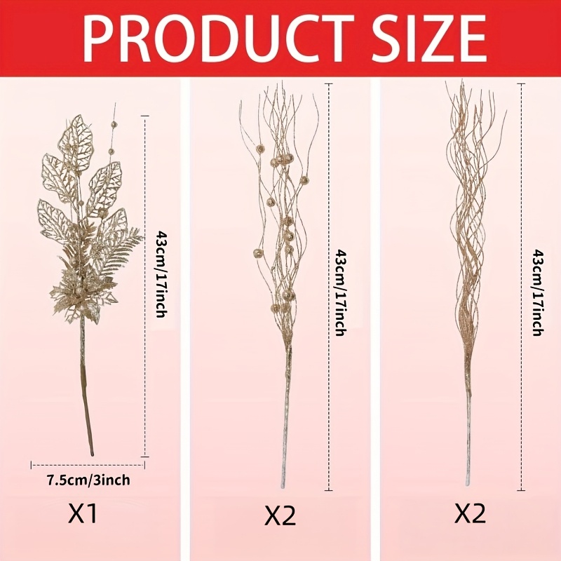 TEMU 5pcs Faux Champagne Golden Artificial Stems, Floral Branches, 3 Different Styles , For Vase, Wreath, Crafts, Fireplace, Christmas Tree, Wall,