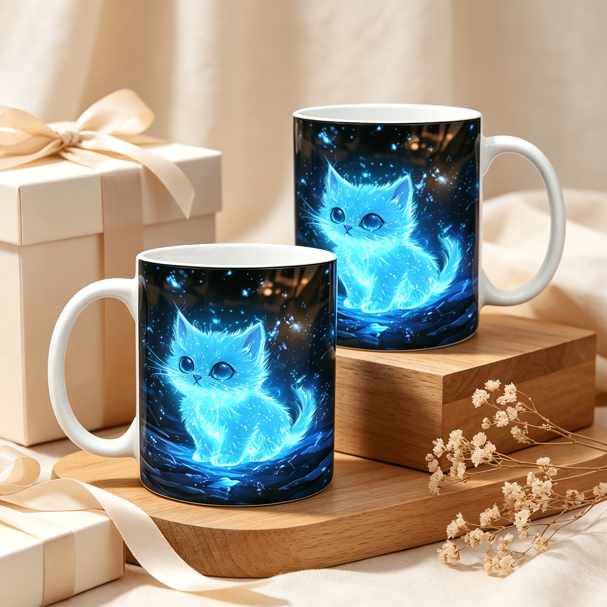 TEMU 1pc 1pcs Luminous Glow Suitable For Drinks - Black Ceramic Mug With Luminous Galaxy Kitten Print, Reusable Coffee Cup For Hot/cold Beverages,