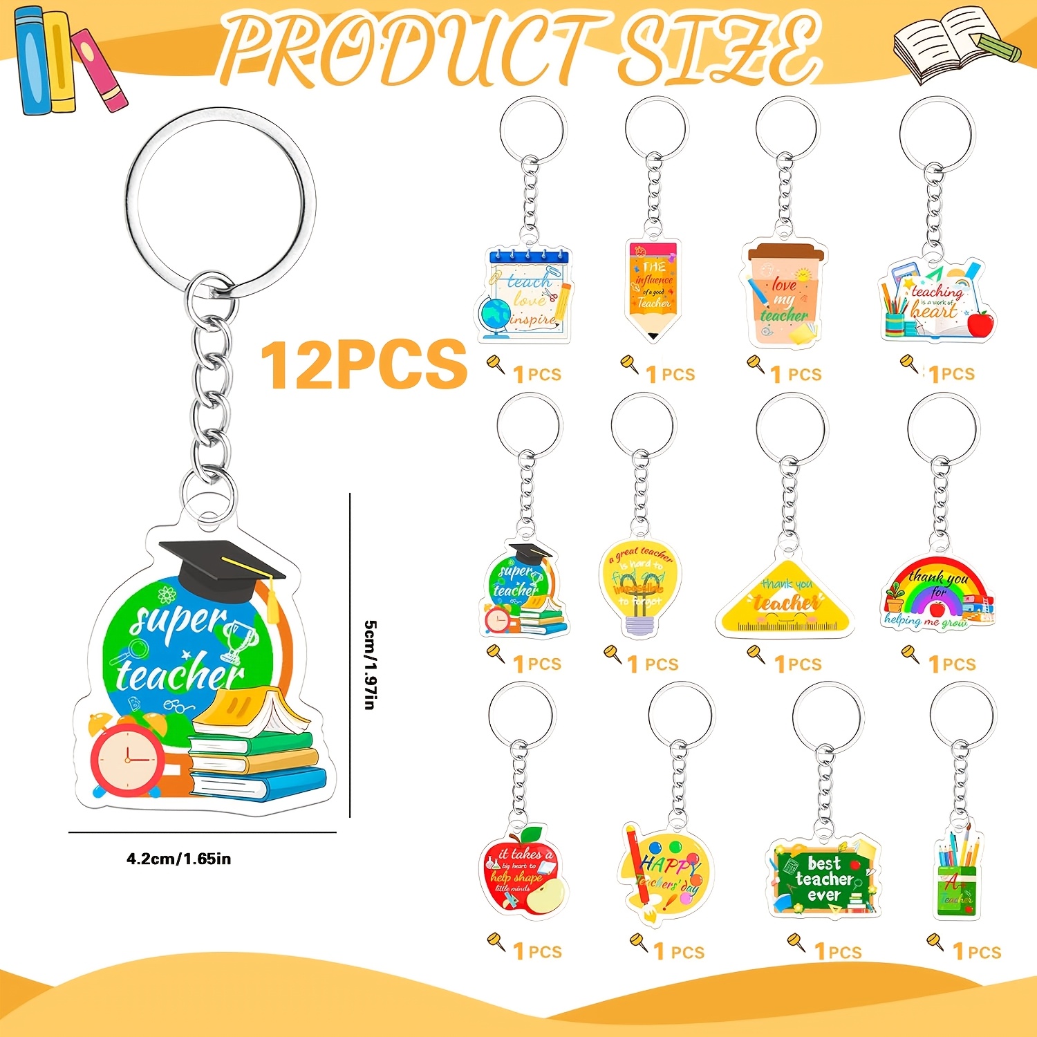 TEMU 2d Flat, 2d Flat - 2d Flat, 2d Flat - 2d Flat, 2d Flat 12pcs Set Acrylic Teacher Keychains, Teacher Appreciation Gifts, Bulk Pack Of 12 Styles,