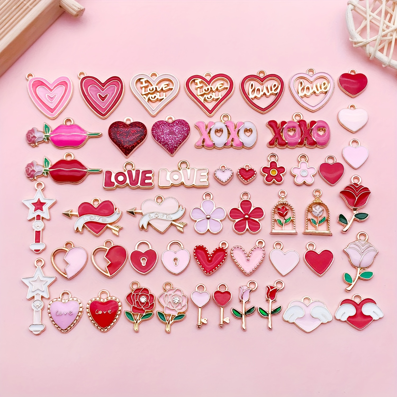 

50pcs Sailanzi Heart Charms Set, Zinc Alloy Love Pendants With , Floral & Star Designs, For Making, Necklace, Earrings, And Bracelet Crafts
