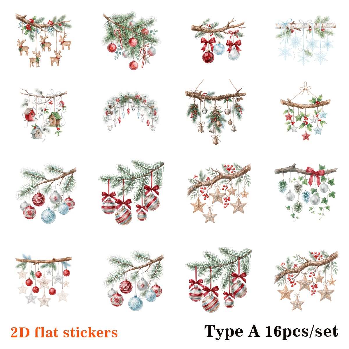 TEMU 2d Flat 16pcs/set Handmade Creative Vintage Christmas Pine Branch Decoration Stickers For Journal Decoration Stickers Planner New Materials