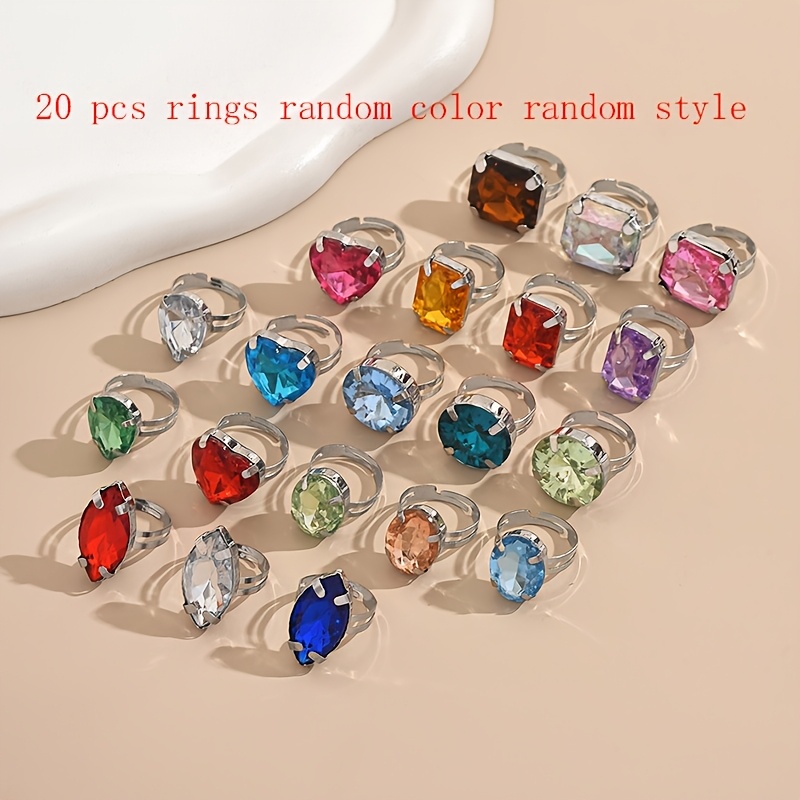 TEMU 20pcs/Set Anneaux Faciles à Géométriques Colorés en Acrylique avec Strass pour Femmes (Style de Couleur Acrylique Aléatoire)