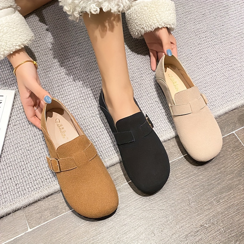 

Women's Casual Slip-on Loafers, Vintage Style, Solid Color, Breathable Flats, Buckle Design, Versatile Shoes For All Seasons