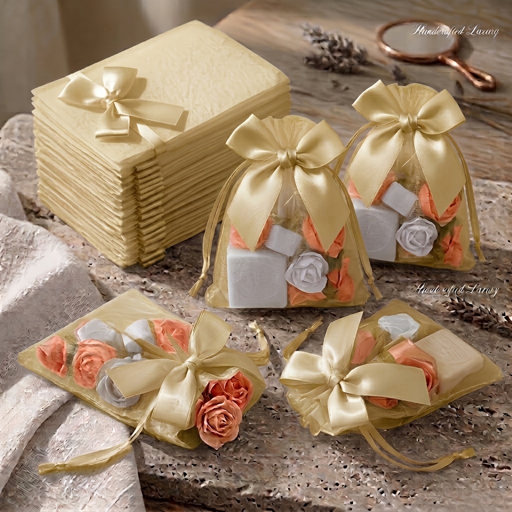 TEMU Cadeau pour elle/lui 24pcs Élégants sacs cadeaux en organza avec nœud décoratif en satin, pochettes semi-transparentes à cordon de serrage en