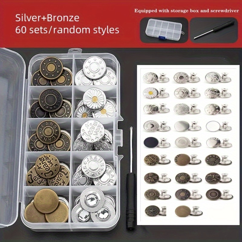 60 Sets/box Seamless Button Retro Metal Screw Button Jeans Button Replacement Kit Diy Fastener Nail Button Jeans Button Replacement Random Color