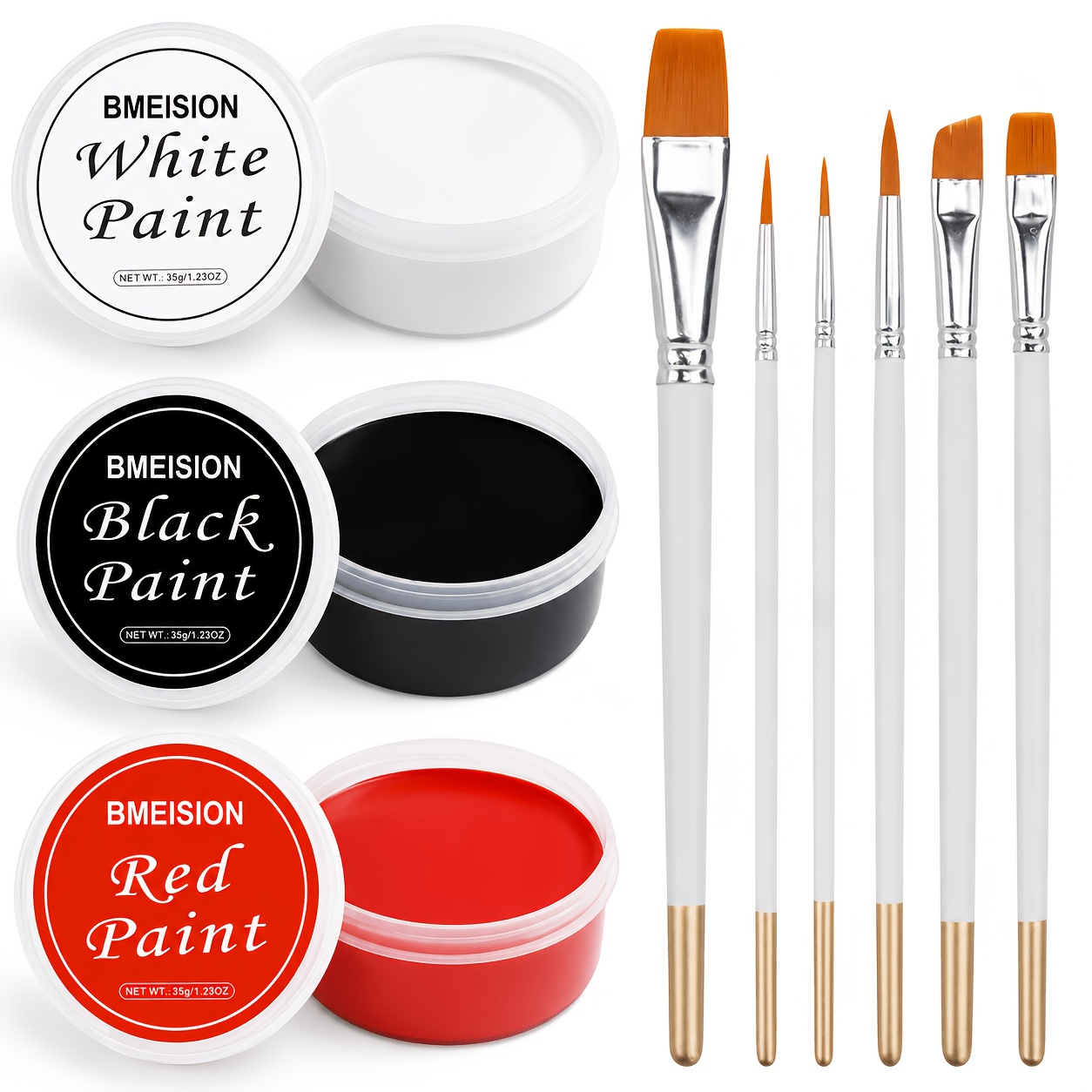 Image of White, Black, And Red Face And Body Paint Set With 6 Brushes, Featuring A Large Capacity Oil-based Paint Palette, Suitable For Halloween Makeup, Clown, Devil Role Play, Sfx Costumes, And Parties.