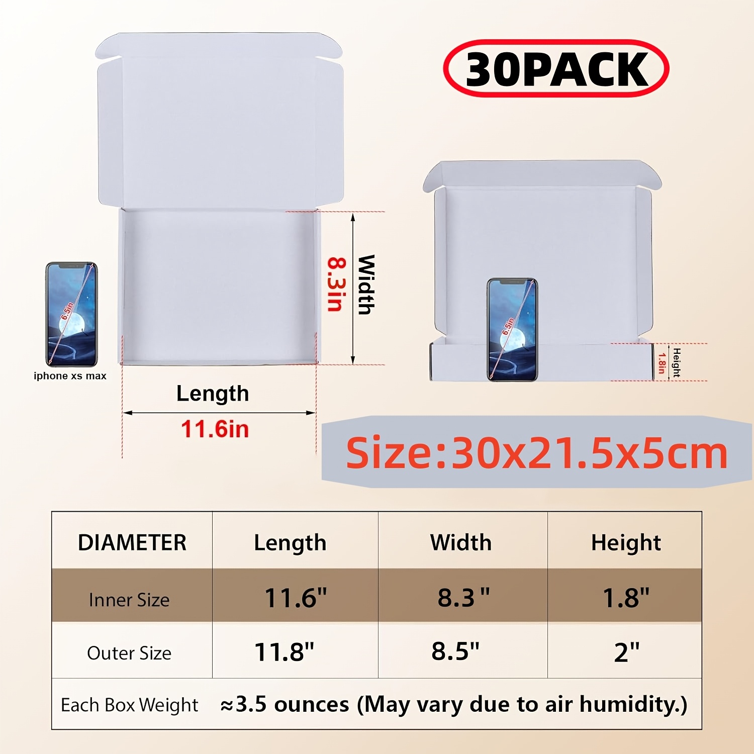Image of Set Of 30 White Shipping Boxes, Measuring 11.8x8.5x2 Inches (30x21.5x5 Cm), Made From Corrugated Cardboard, Suitable For Mailing, Packaging, Gifting, And Small Business Needs