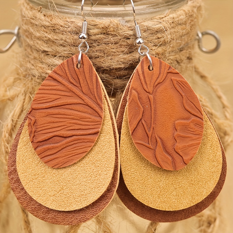 Bohemian PU Leather Teardrop Earrings Green Brown Yellow